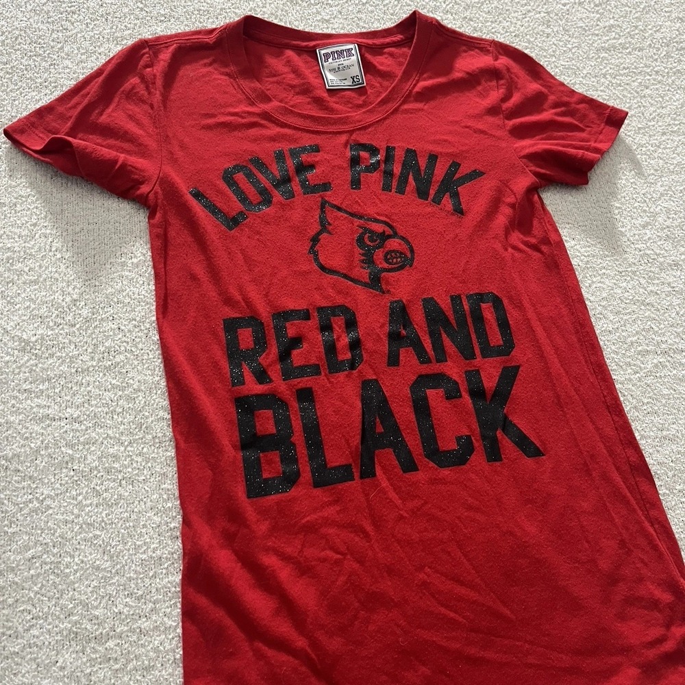 Louisville Cardinals Victoria's Secret Pink Glitter T Shirt XS U Of‎ L Red Black